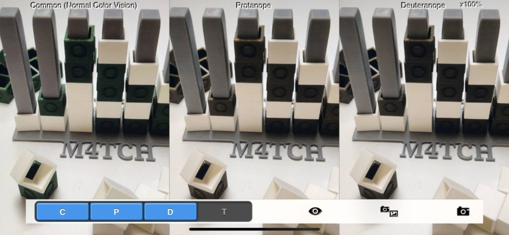 screenshot of colour blindness simulating app showing three versions of the match-4 game