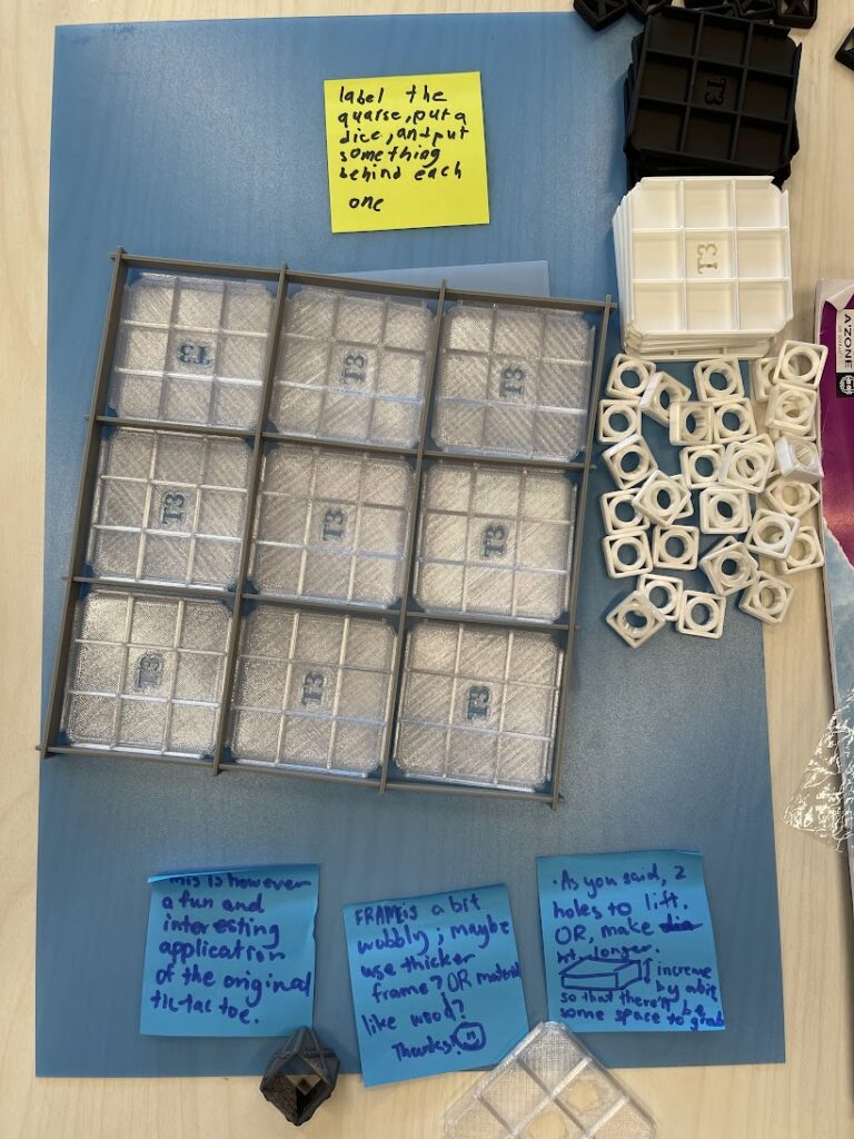 Supert3 game pieces with feedback from players on post-it notes